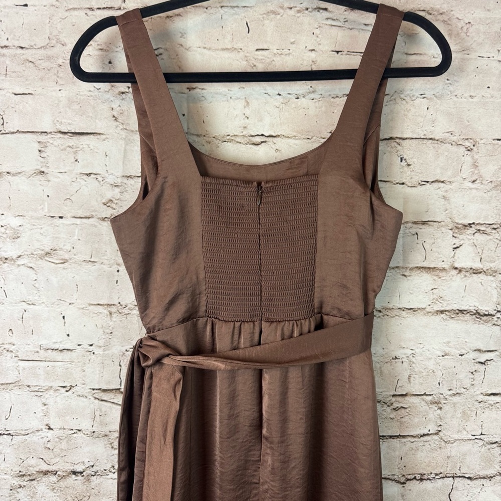 Wilfred Aritzia Size 2 Saturn Satin Midi Dress Cocoa Brown $128 Sleeveless Tie - Picture 11 of 14